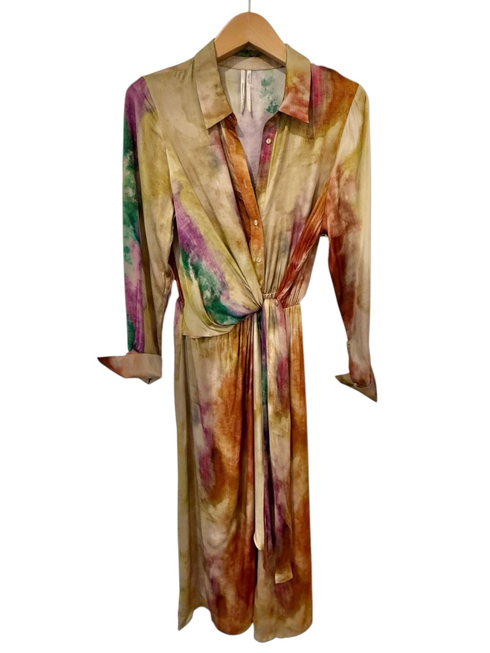 Anthropologie Watercolor Tie Dye Shirt Dress Twist Front Midi Long Sleeve Large